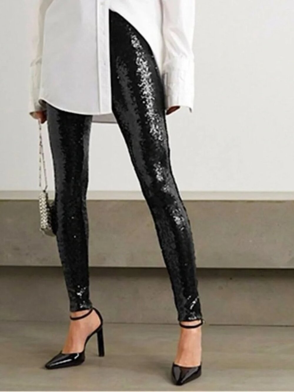 Spanx Black Faux Leather & Sequin Legs Stretch Leggings S